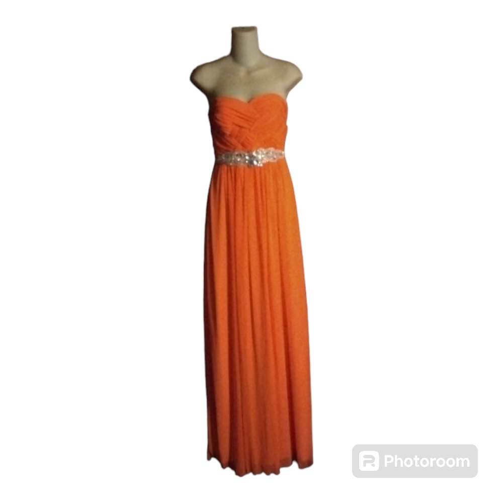 Jodi Kristopher gorgeous Coral colored strapless evening gown with blingy belt